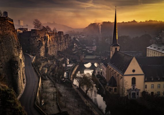 Luxembourg is a hilly country which is bordering Germany and Belgium.