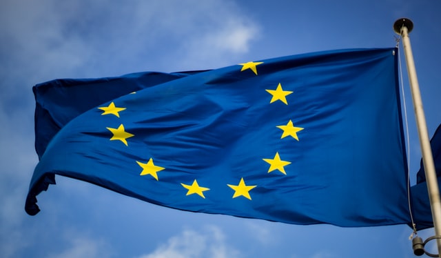 The EU flag waiving in Brussels, EU headquarters